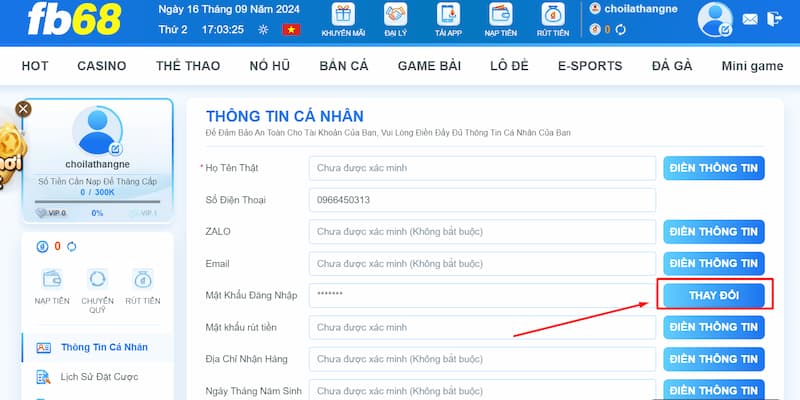 Quy trình đổi mật khẩu FB68 chi tiết