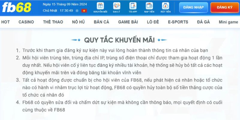 Điều kiện chung cần tuân thủ về khuyến mãi FB68